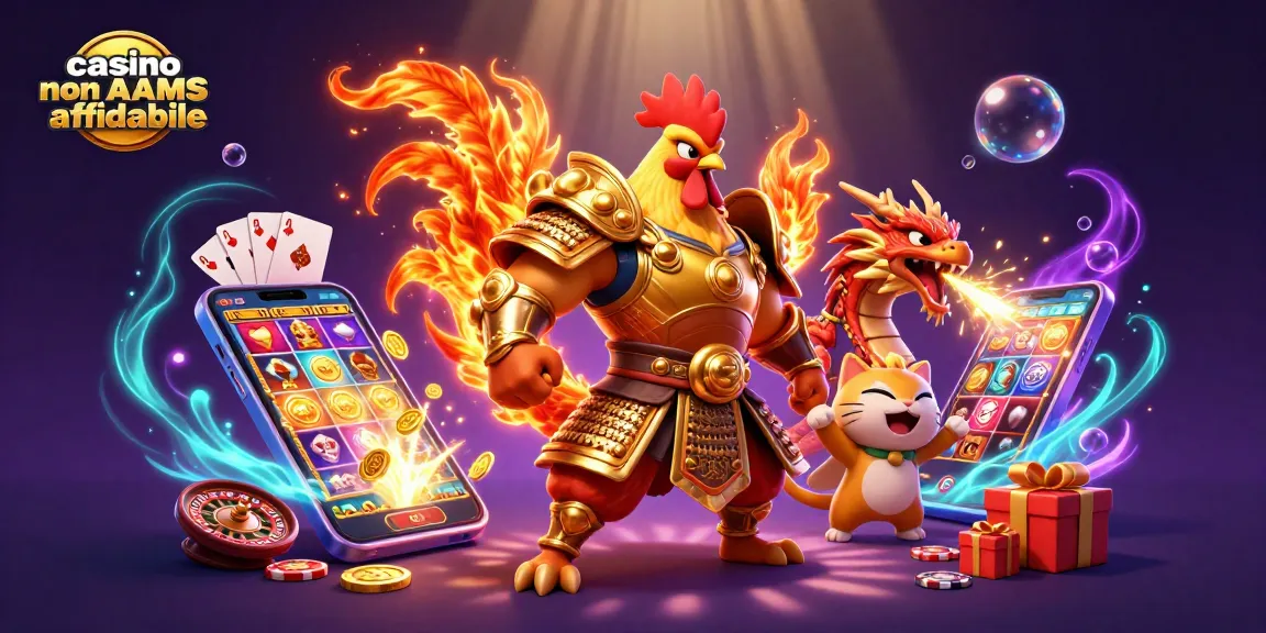 Gioca nei migliori casinò non AAMS affidabili con entusiasmo, circondato da simboli del gioco d'azzardo e personaggi vivaci.