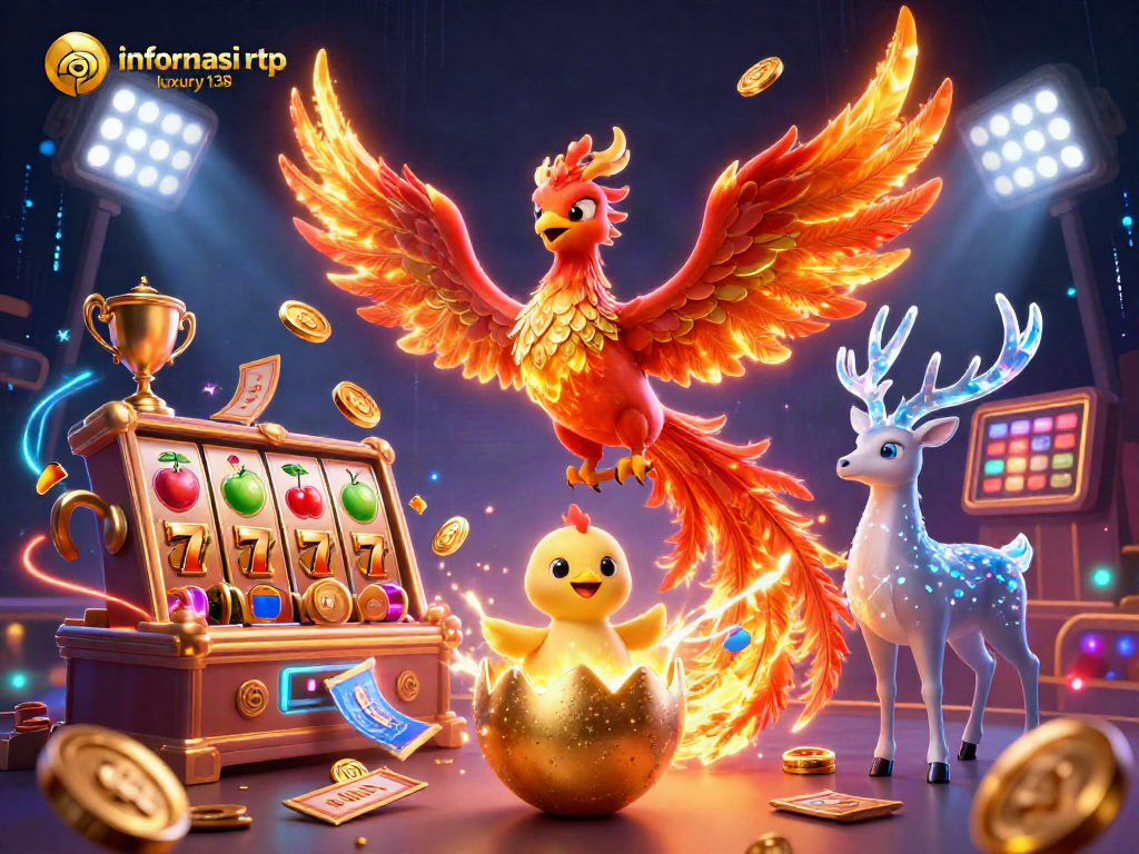 Informasi RTP Luxury138 dalam ilustrasi kasino 3D dengan phoenix, simbol slot, dan elemen dinamis.