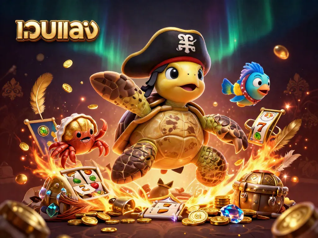 Experience เว็บตรง with lively cartoon pirate turtle and friends amidst vibrant casino elements.