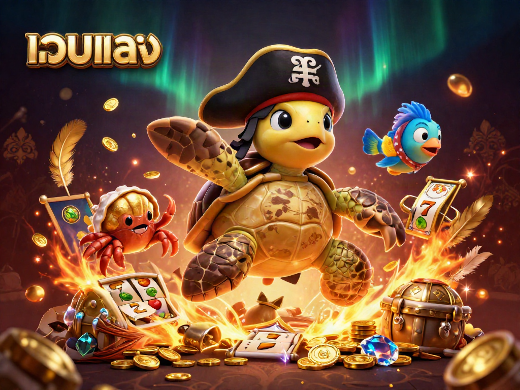 Experience เว็บตรง with lively cartoon pirate turtle and friends amidst vibrant casino elements.