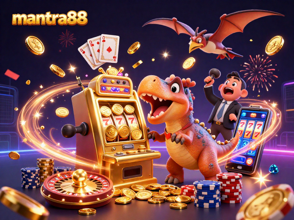 Experience big wins at mantra88 while a pachycephalosaurus activates jackpots, surrounded by cascading coins.