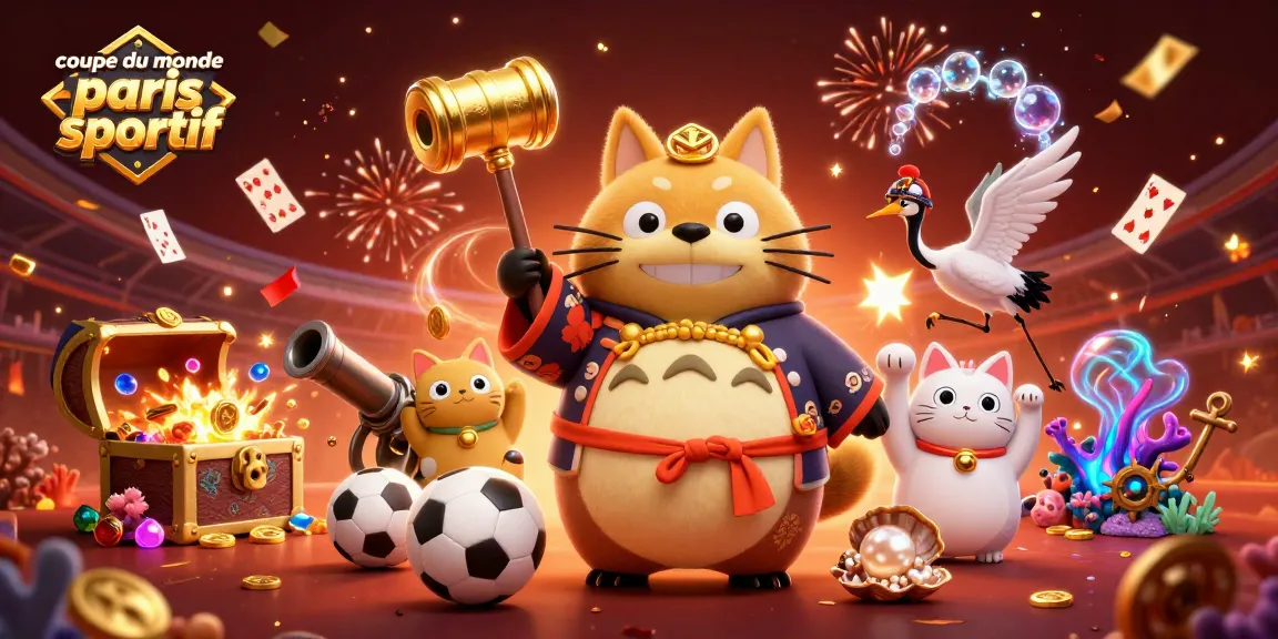 Image illustrant la coupe du monde paris sportif avec des personnages festifs entourés de ballons de sport et de billets de pari.